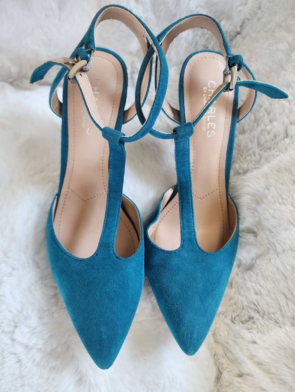 Charles Davids Teal Suede T-Strap Pointed Pumps Size 8